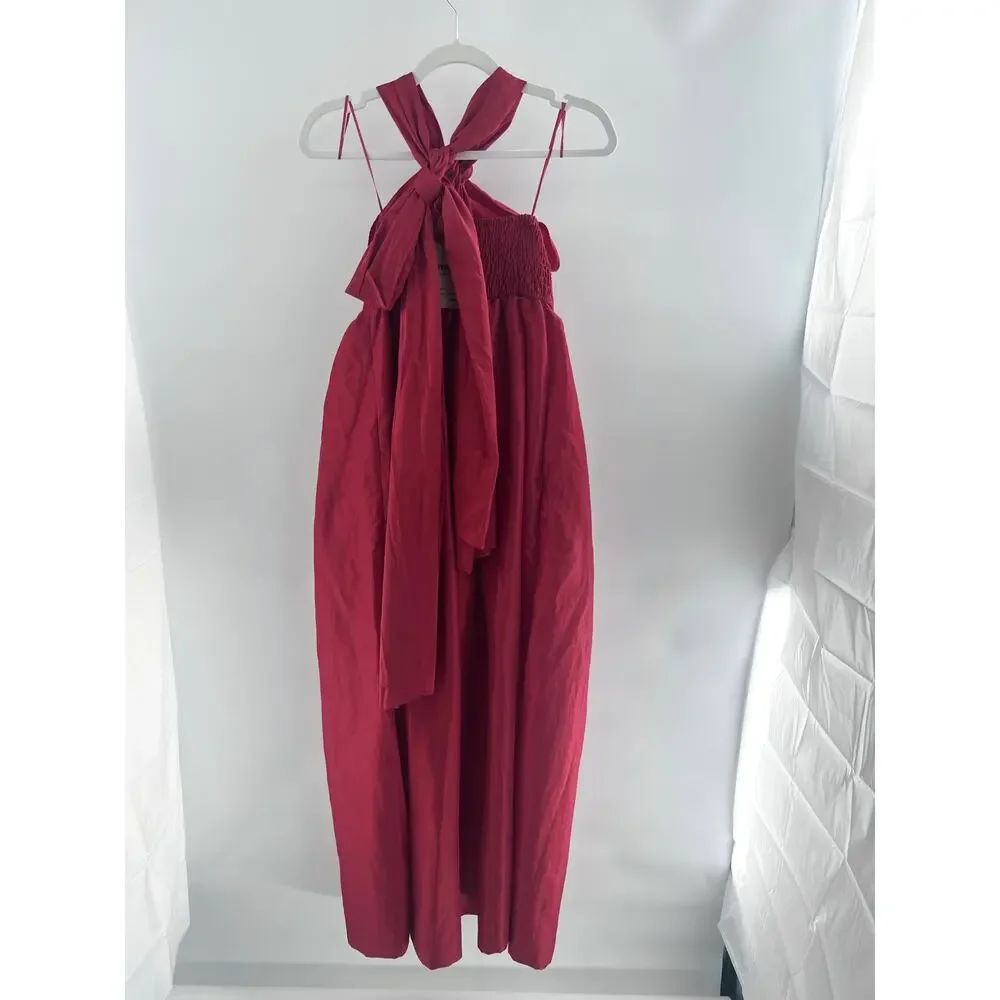 NWOT Free People Halter Neck Smocked Open Back Balloon Jumpsuit Red Women's S